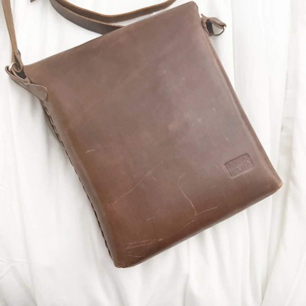 Hecho en Mexico Brown Leather Crossbody Bag Handmade Messenger Flap Satchel
